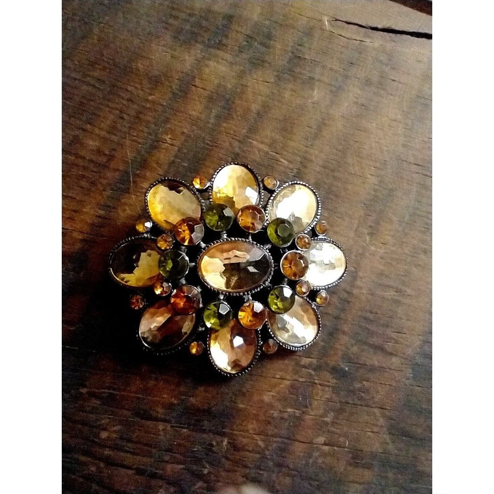 Custom Brooch Red & light yellow faux stones On aged dark tone setting D5